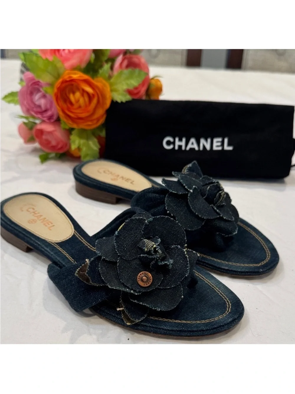Authentic  CHANEL Dark Blue Denim Slide Sandals with Flower Design